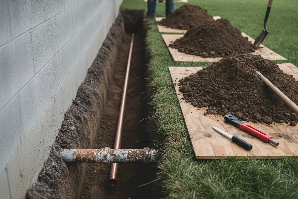 Excavated water line trench during Sewer Line Repair in San Pablo
